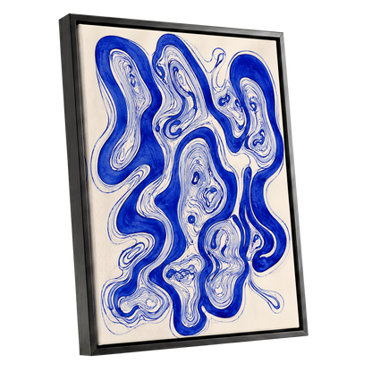 Cobalt Currents, blue, beige, gray abstract wall art shown as a black framed canvas wall art
