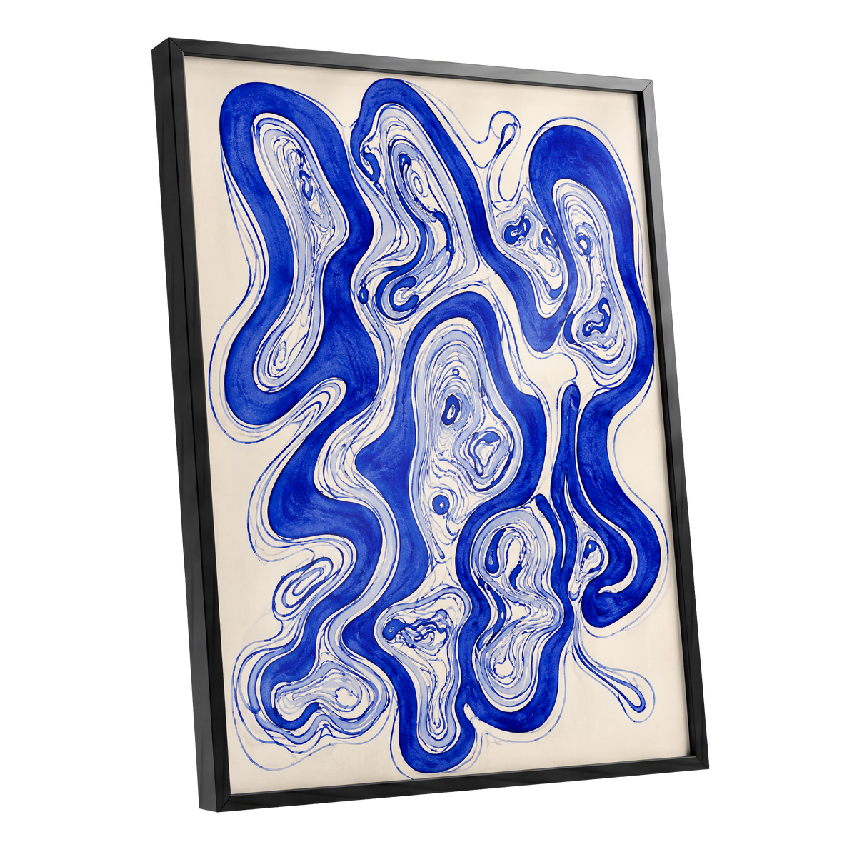 Cobalt Currents, blue, beige, gray abstract wall art shown as a black framed poster wall art print
