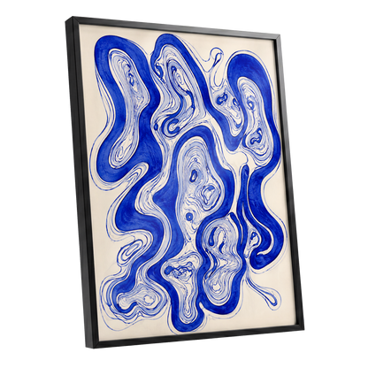 Cobalt Currents, blue, beige, gray abstract wall art shown as a black framed poster wall art print