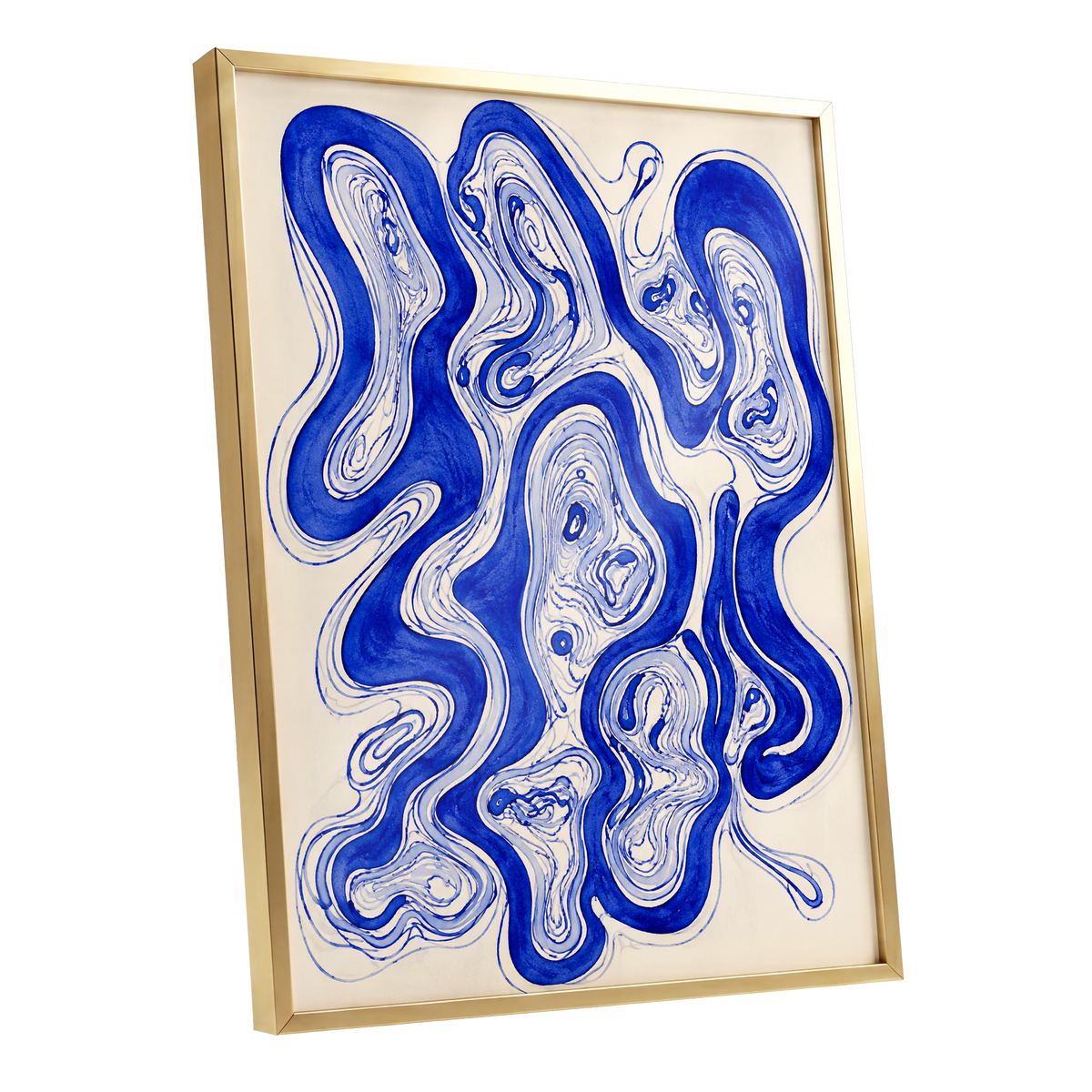 Cobalt Currents, blue, beige, gray abstract wall art shown as a gold framed poster wall art print