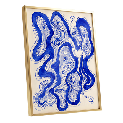 Cobalt Currents, blue, beige, gray abstract wall art shown as a gold framed poster wall art print