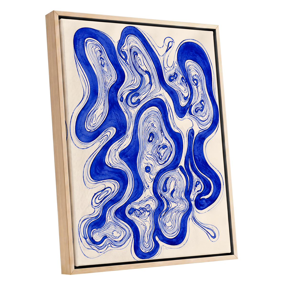 Cobalt Currents, blue, beige, gray abstract wall art shown as a oak framed canvas wall art