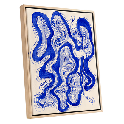 Cobalt Currents, blue, beige, gray abstract wall art shown as a oak framed canvas wall art