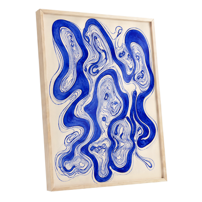 Cobalt Currents, blue, beige, gray abstract wall art shown as a oak framed poster wall art print