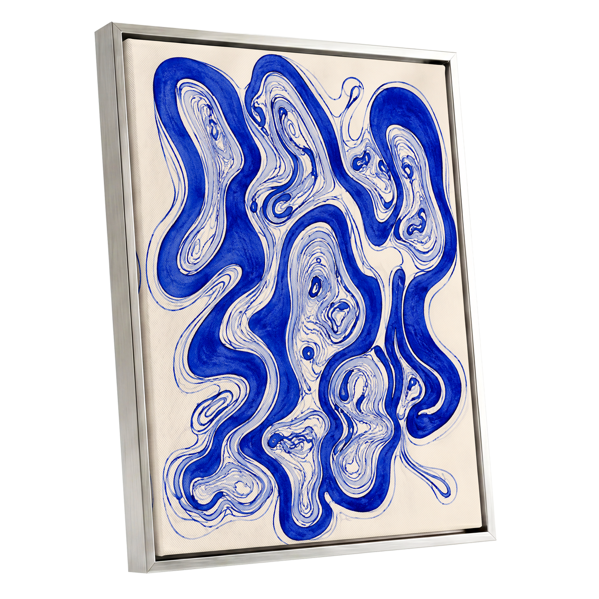 Cobalt Currents, blue, beige, gray abstract wall art shown as a silver framed canvas wall art