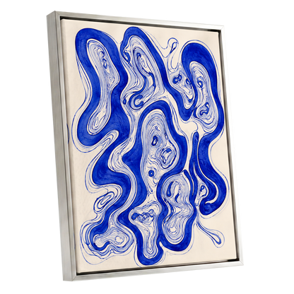 Cobalt Currents, blue, beige, gray abstract wall art shown as a silver framed canvas wall art