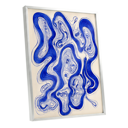 Cobalt Currents, blue, beige, gray abstract wall art shown as a silver framed poster wall art print