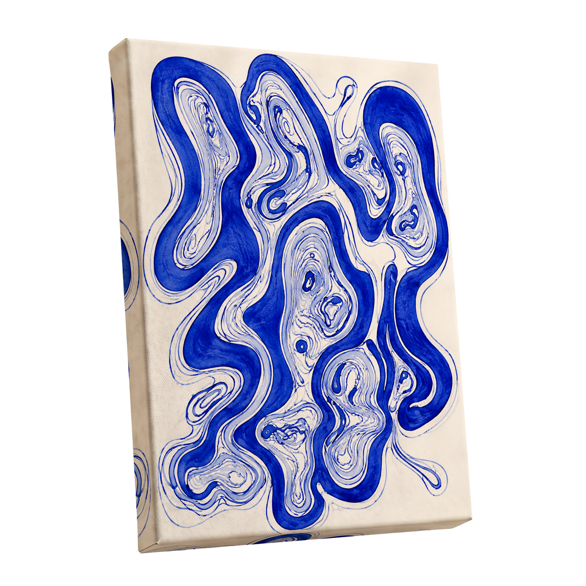 Cobalt Currents, blue, beige, gray abstract wall art shown as a stretched canvas wall art