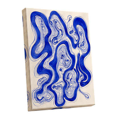 Cobalt Currents, blue, beige, gray abstract wall art shown as a stretched canvas wall art
