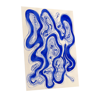 Cobalt Currents, blue, beige, gray abstract wall art shown as a unframed poster wall art print