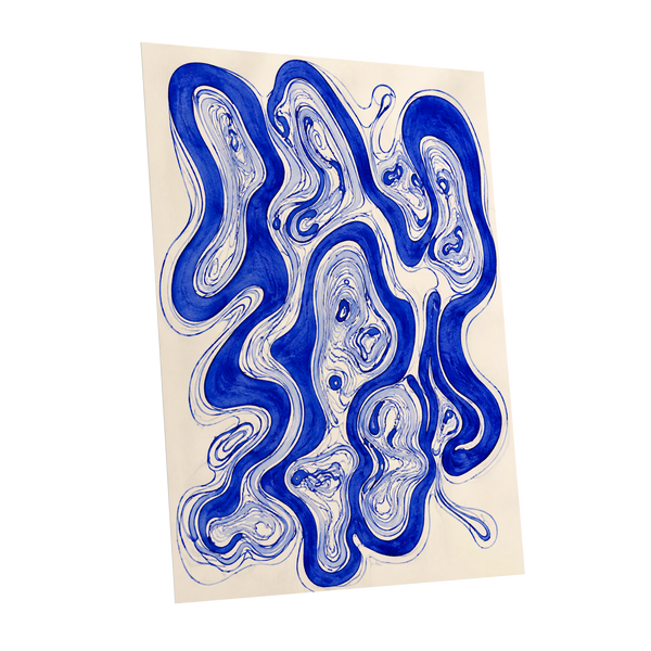 Cobalt Currents, blue, beige, gray abstract wall art shown as a unframed poster wall art print