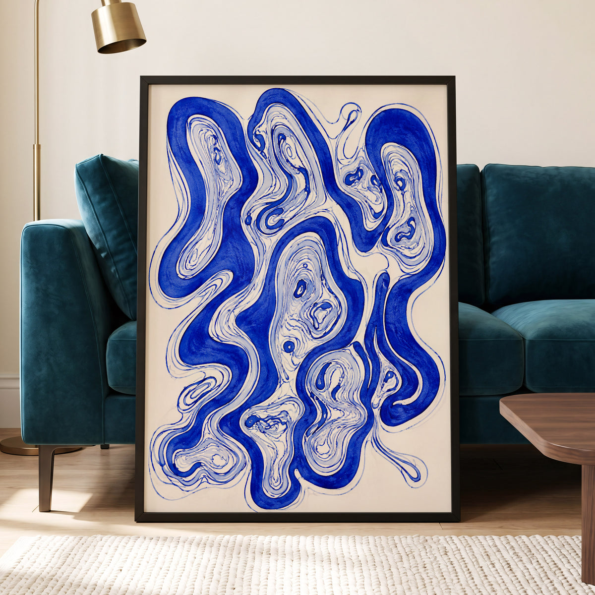 Cobalt Currents, blue, beige, gray abstract wall art displayed in a styled interior, gallery view 2