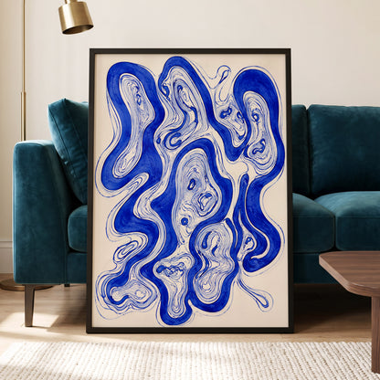 Cobalt Currents, blue, beige, gray abstract wall art displayed in a styled interior, gallery view 2