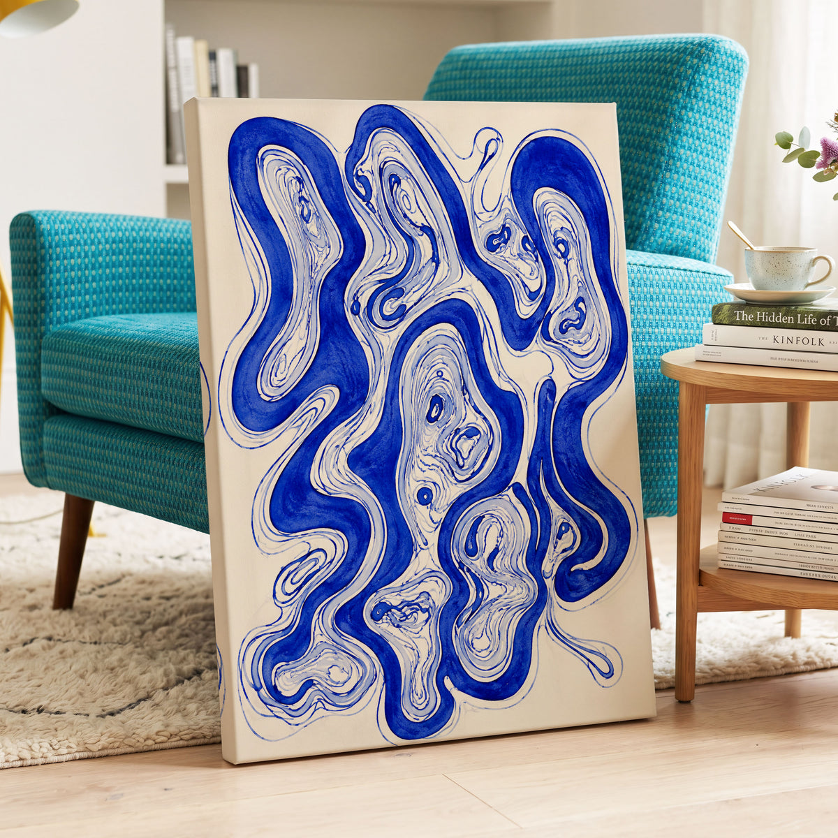 Cobalt Currents, blue, beige, gray abstract wall art displayed in a styled interior, gallery view 3
