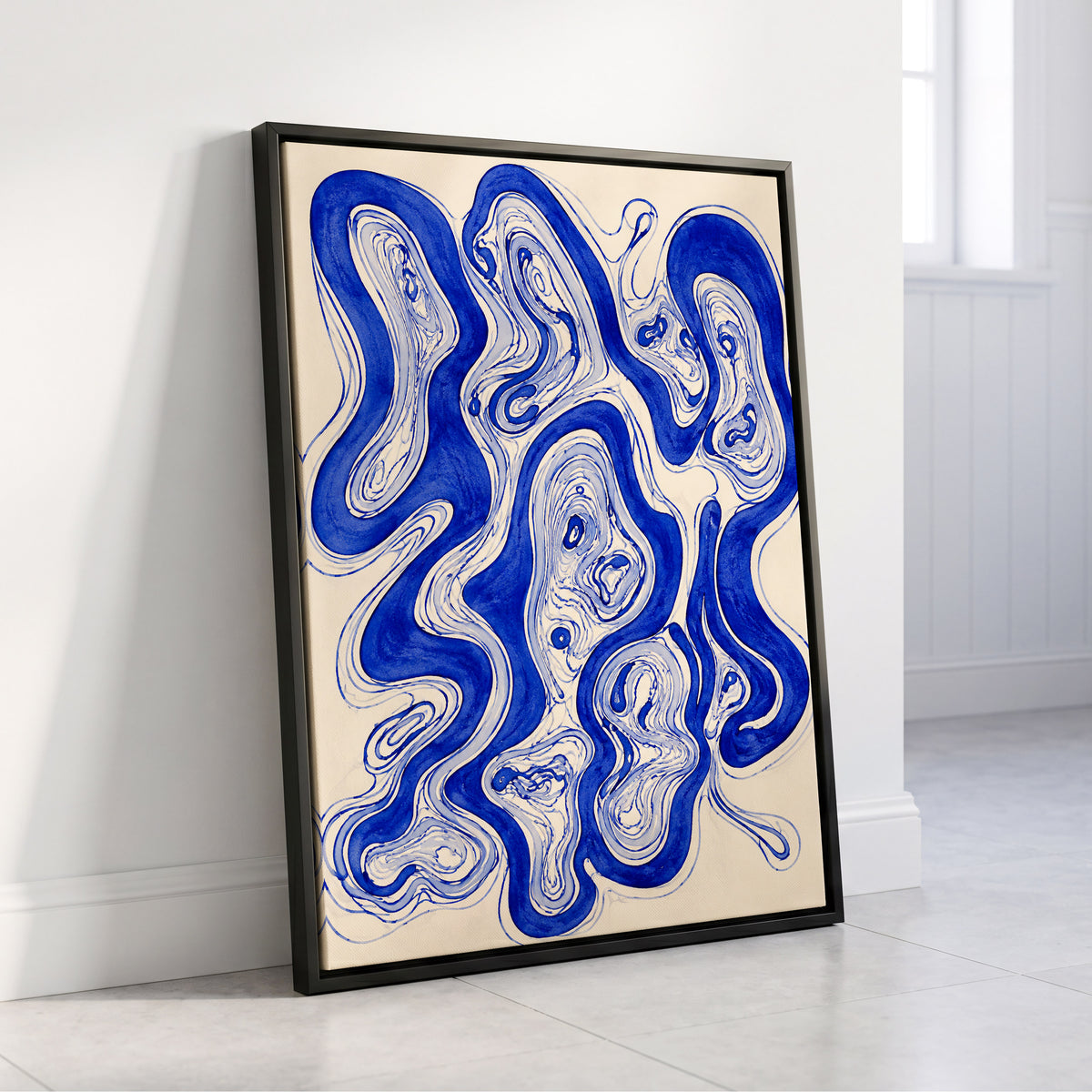 Cobalt Currents, blue, beige, gray abstract wall art displayed in a styled interior, gallery view 4