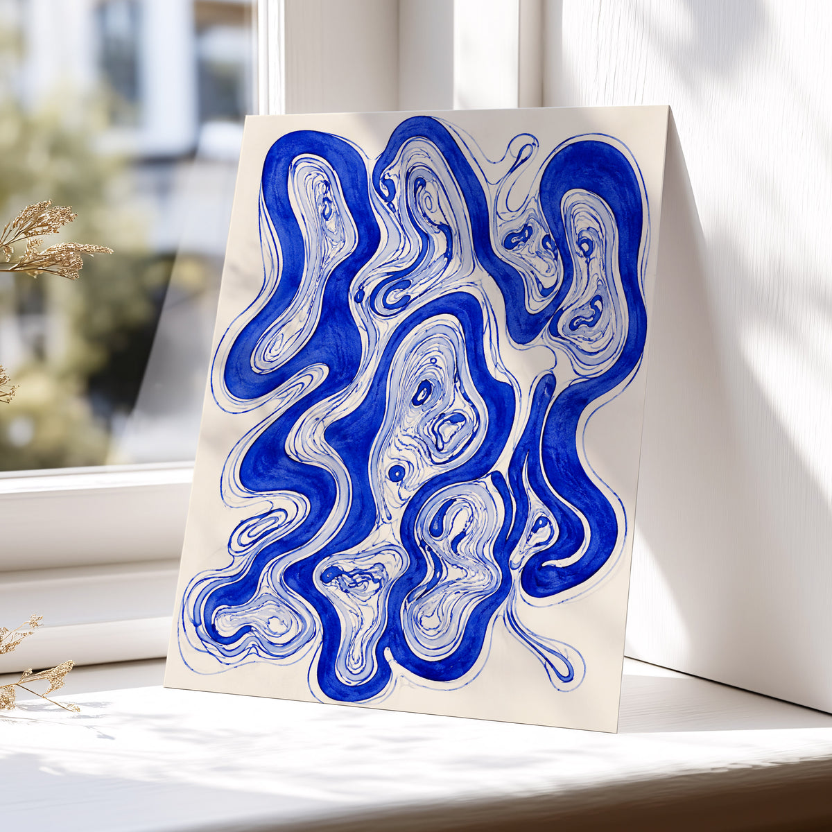 Cobalt Currents, blue, beige, gray abstract wall art displayed in a styled interior, gallery view 5