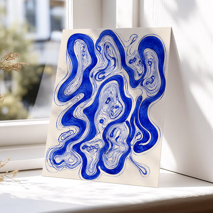 Cobalt Currents, blue, beige, gray abstract wall art displayed in a styled interior, gallery view 5