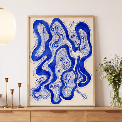 Cobalt Currents, blue, beige, gray abstract wall art displayed in a styled interior, gallery view 6