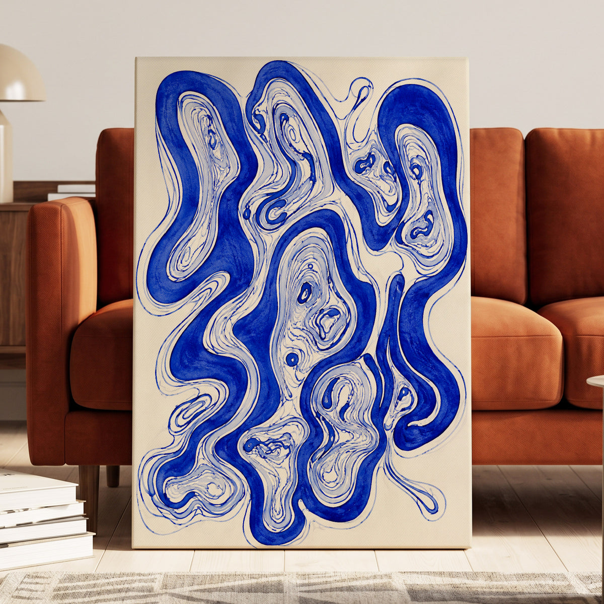 Cobalt Currents, blue, beige, gray abstract wall art displayed in a styled interior, gallery view 7