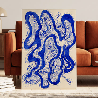 Cobalt Currents, blue, beige, gray abstract wall art displayed in a styled interior, gallery view 7