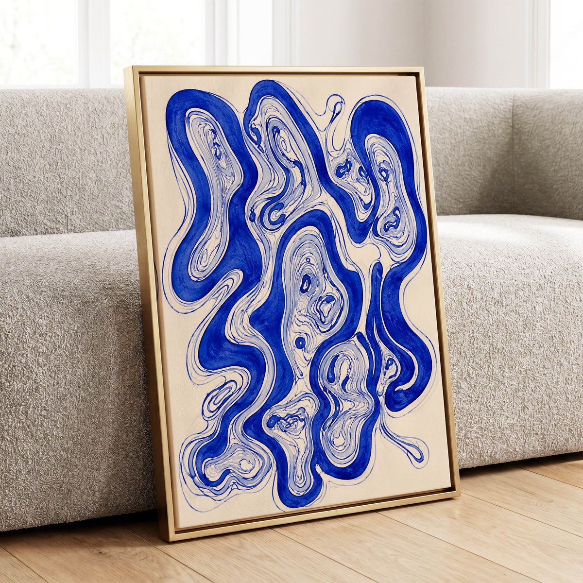 Cobalt Currents, blue, beige, gray abstract wall art displayed in a styled interior, gallery view 8