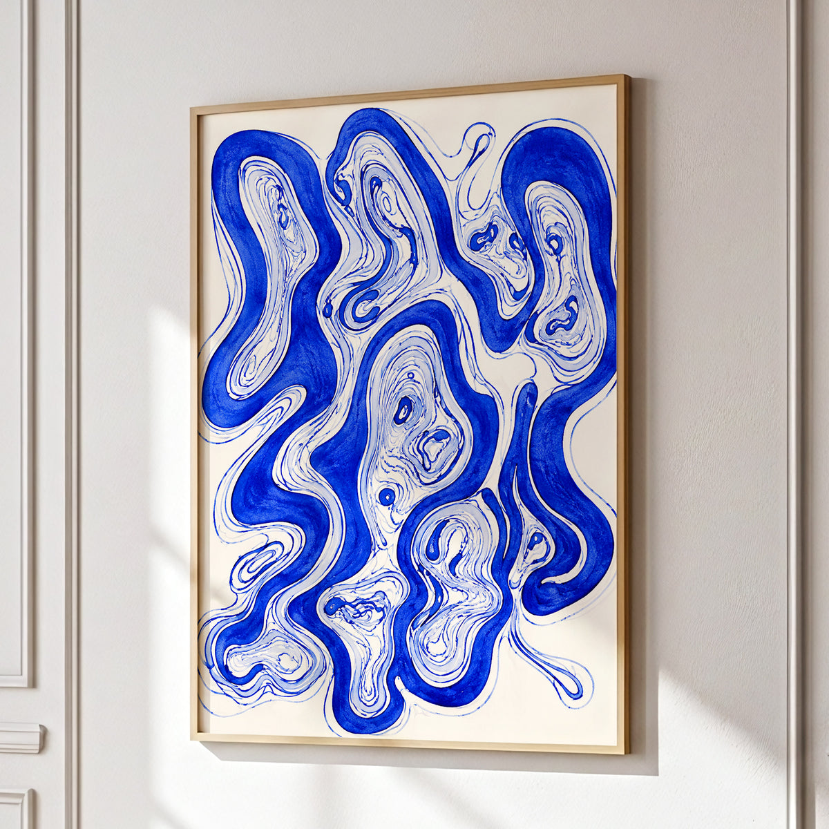 Cobalt Currents, blue, beige, gray abstract wall art displayed in a styled interior, gallery view 9