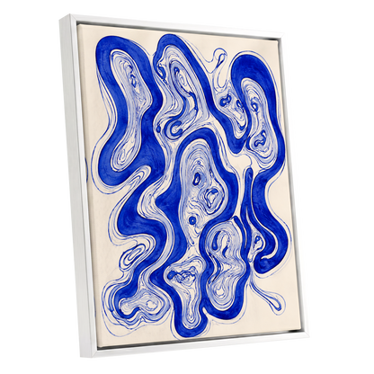 Cobalt Currents, blue, beige, gray abstract wall art shown as a white framed canvas wall art