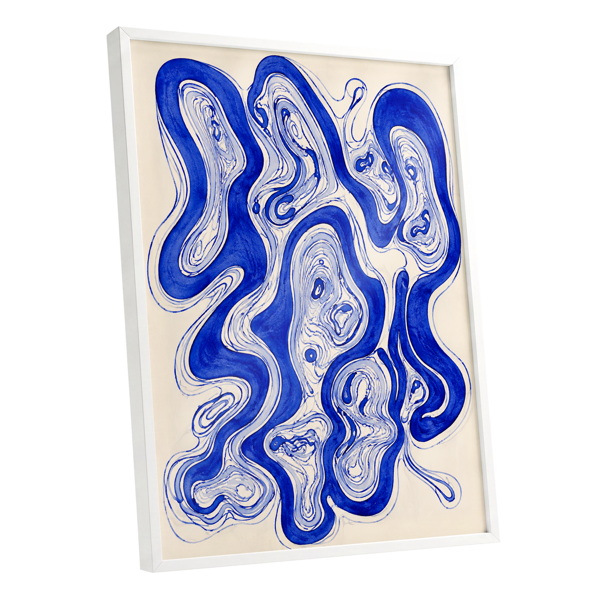 Cobalt Currents, blue, beige, gray abstract wall art shown as a white framed poster wall art print