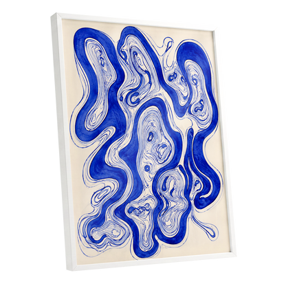 Cobalt Currents, blue, beige, gray abstract wall art shown as a white framed poster wall art print