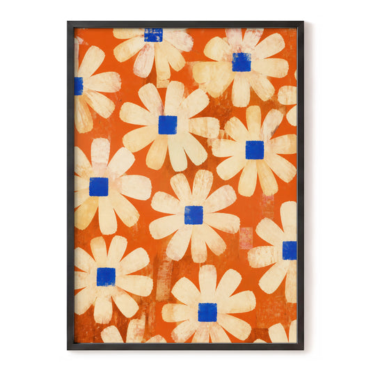 Cobalt Daisy Parade, orange, beige, blue floral wall art, front artwork view