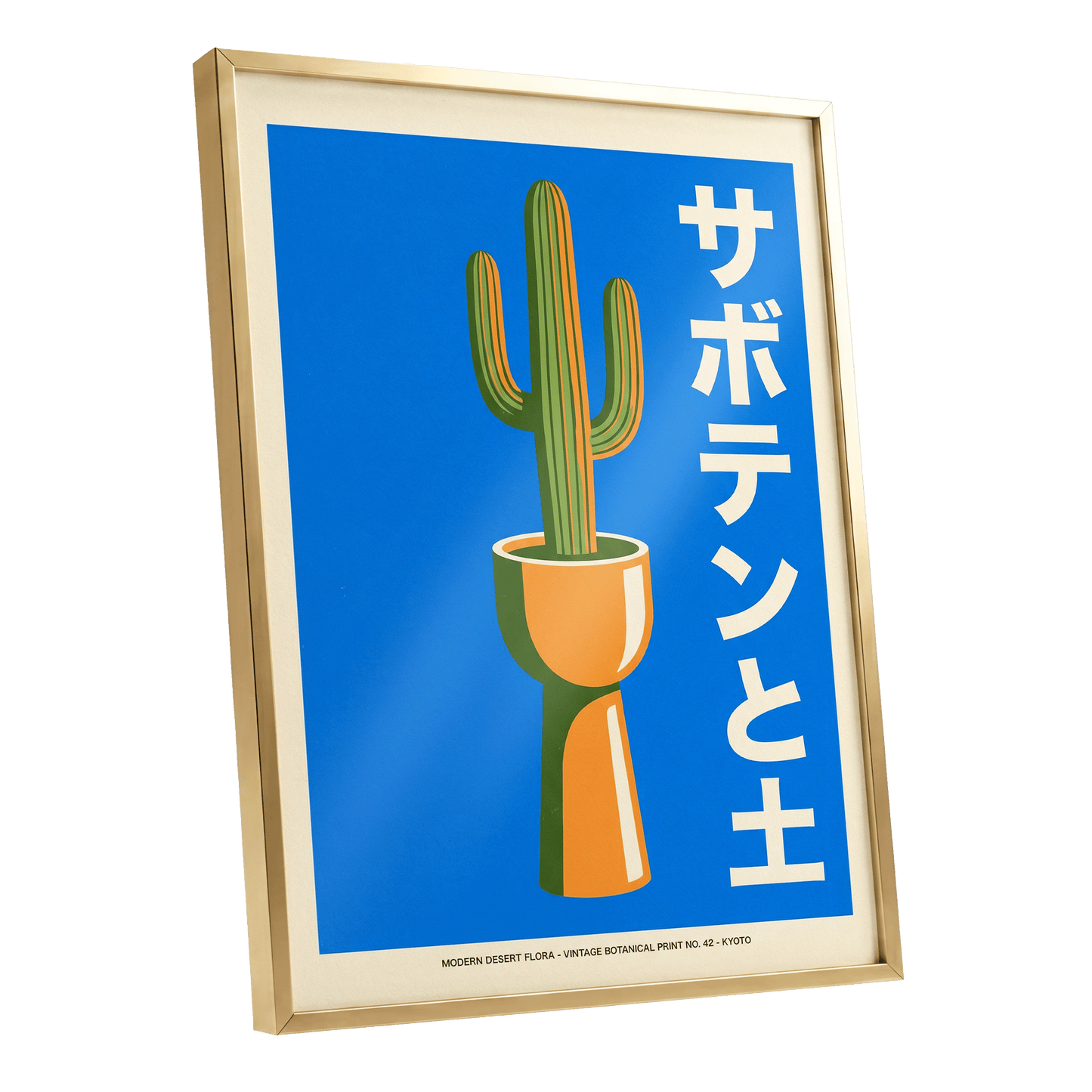 Cobalt Desert Cactus, blue, green, orange nature wall art shown as a gold framed poster wall art print