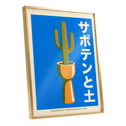 Cobalt Desert Cactus, blue, green, orange nature wall art shown as a gold framed poster wall art print