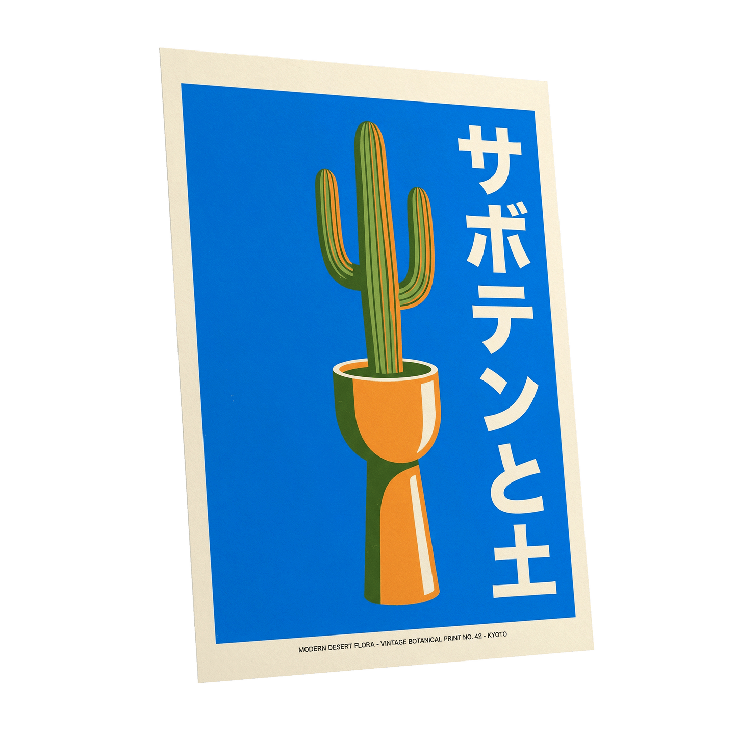 Cobalt Desert Cactus, blue, green, orange nature wall art shown as a unframed poster wall art print