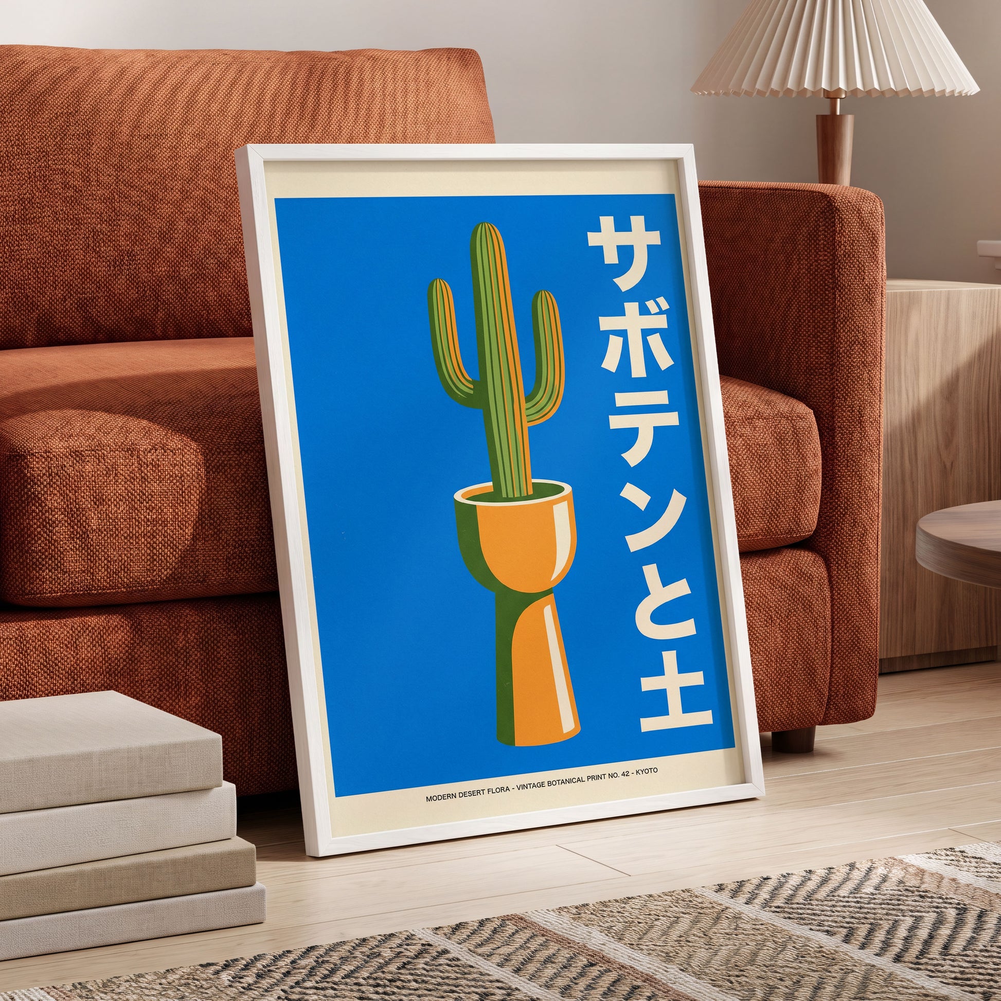 Cobalt Desert Cactus, blue, green, orange nature wall art displayed in a styled interior, gallery view 6