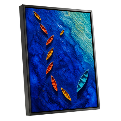 Cobalt Drift, blue, orange, yellow nature wall art shown as a black framed canvas wall art