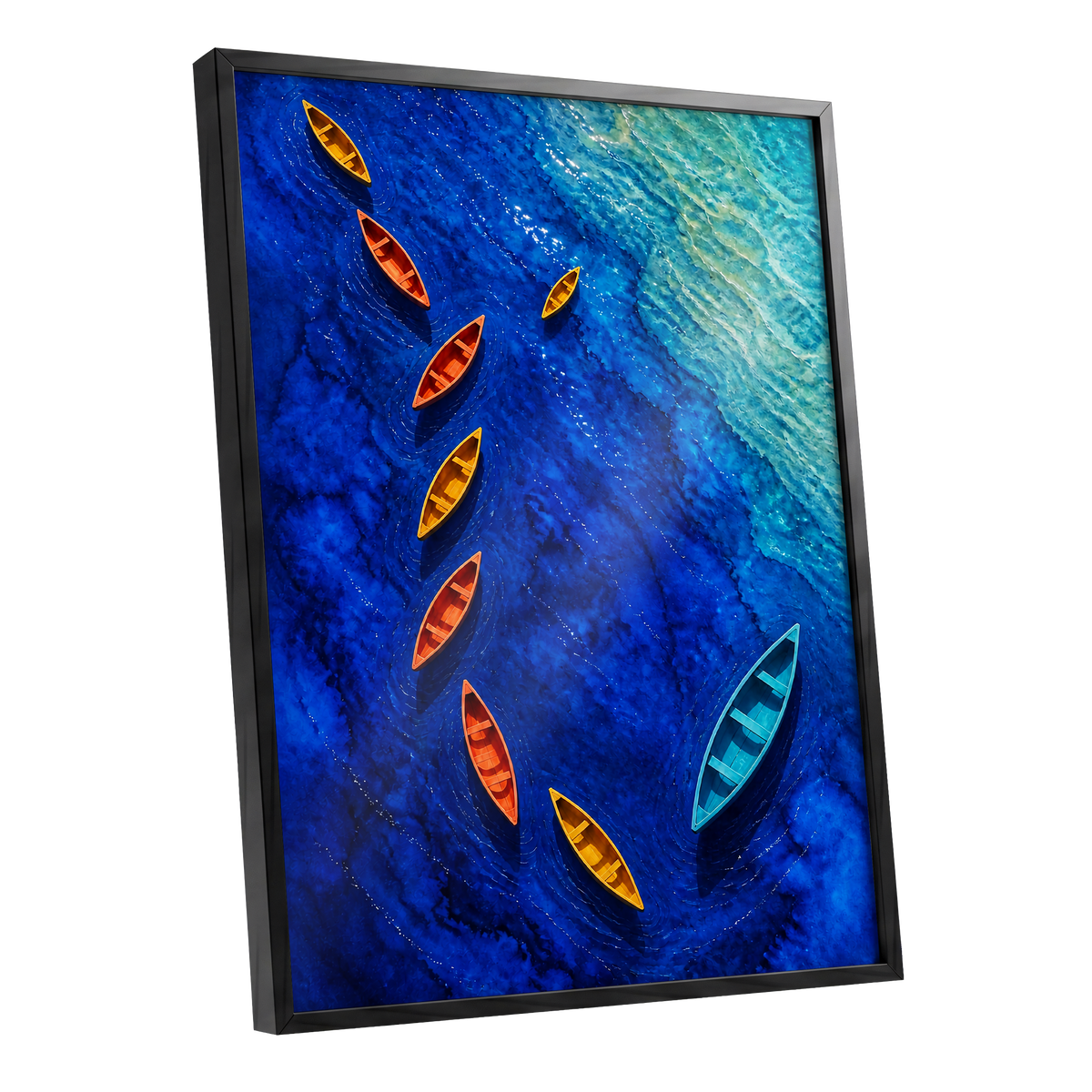 Cobalt Drift, blue, orange, yellow nature wall art shown as a black framed poster wall art print