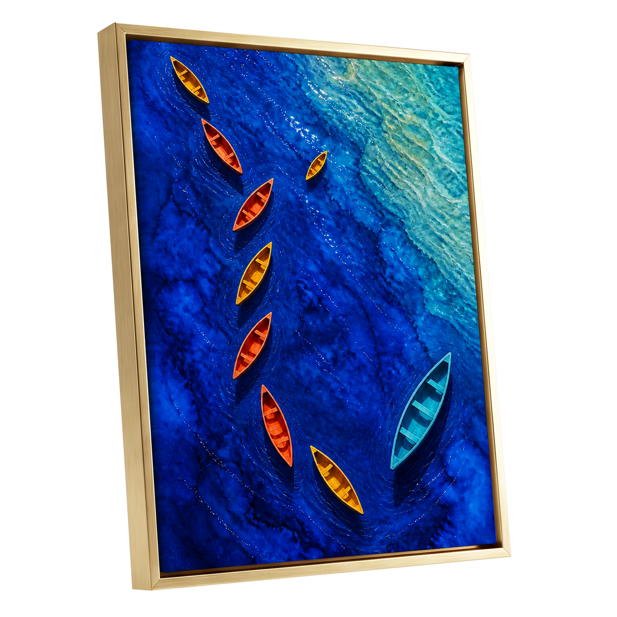 Cobalt Drift, blue, orange, yellow nature wall art shown as a gold framed canvas wall art