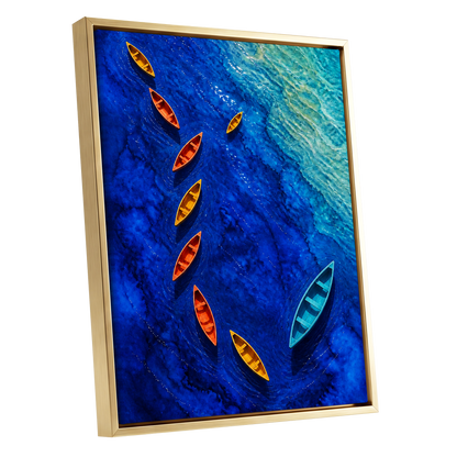 Cobalt Drift, blue, orange, yellow nature wall art shown as a gold framed canvas wall art