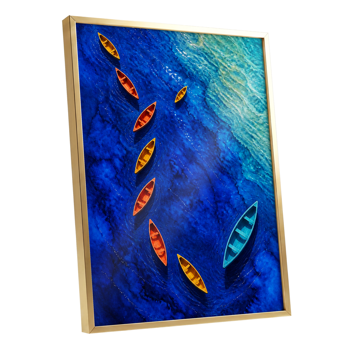 Cobalt Drift, blue, orange, yellow nature wall art shown as a gold framed poster wall art print