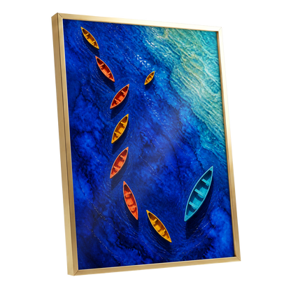 Cobalt Drift, blue, orange, yellow nature wall art shown as a gold framed poster wall art print