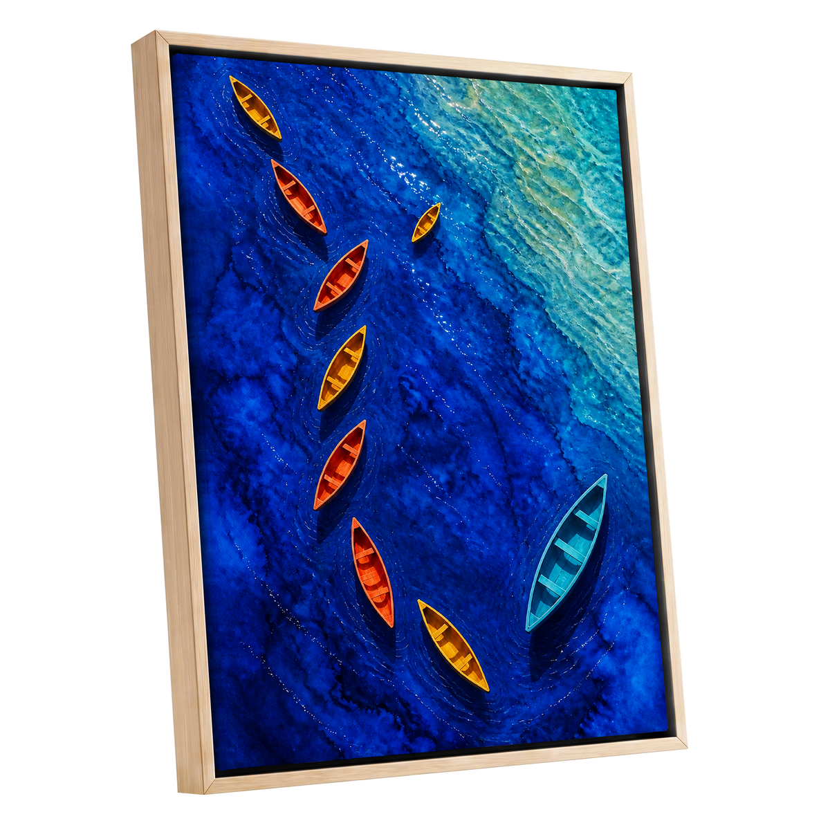 Cobalt Drift, blue, orange, yellow nature wall art shown as a oak framed canvas wall art