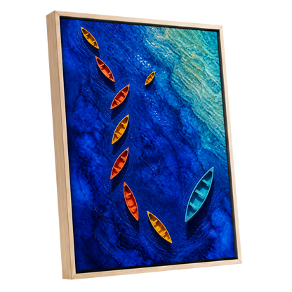 Cobalt Drift, blue, orange, yellow nature wall art shown as a oak framed canvas wall art