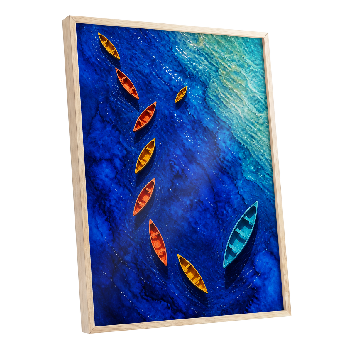 Cobalt Drift, blue, orange, yellow nature wall art shown as a oak framed poster wall art print