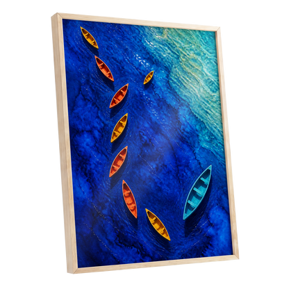 Cobalt Drift, blue, orange, yellow nature wall art shown as a oak framed poster wall art print