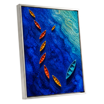 Cobalt Drift, blue, orange, yellow nature wall art shown as a silver framed canvas wall art