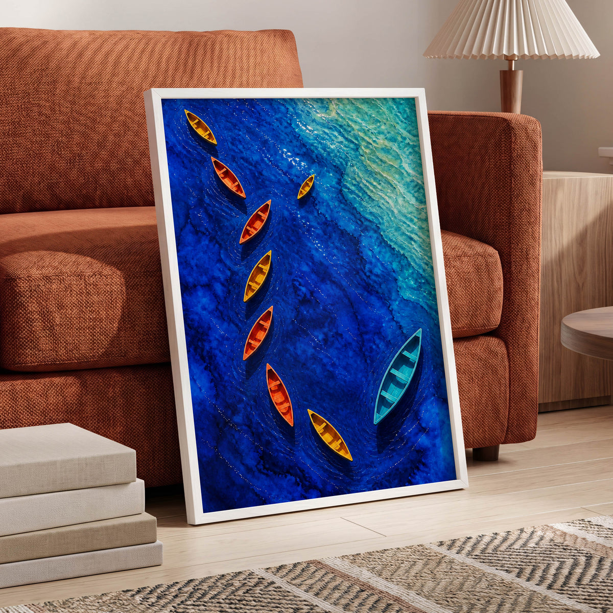 Cobalt Drift, blue, orange, yellow nature wall art displayed in a styled interior, gallery view 2