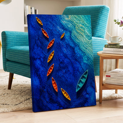 Cobalt Drift, blue, orange, yellow nature wall art displayed in a styled interior, gallery view 3