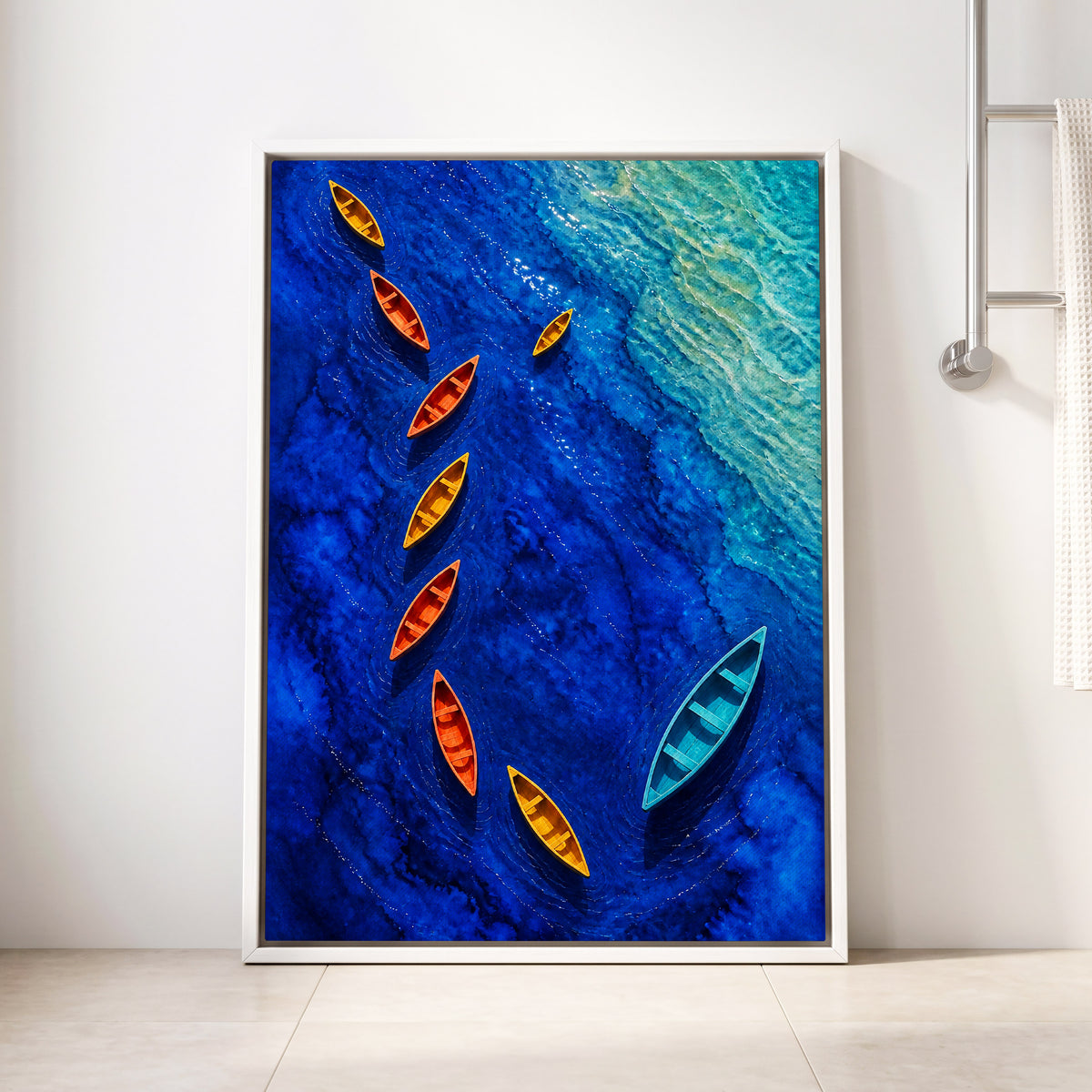 Cobalt Drift, blue, orange, yellow nature wall art displayed in a styled interior, gallery view 4
