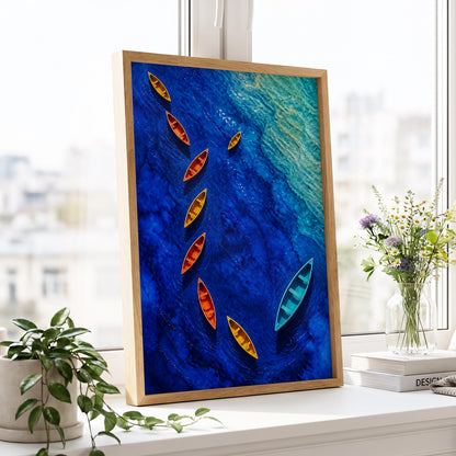Cobalt Drift, blue, orange, yellow nature wall art displayed in a styled interior, gallery view 6