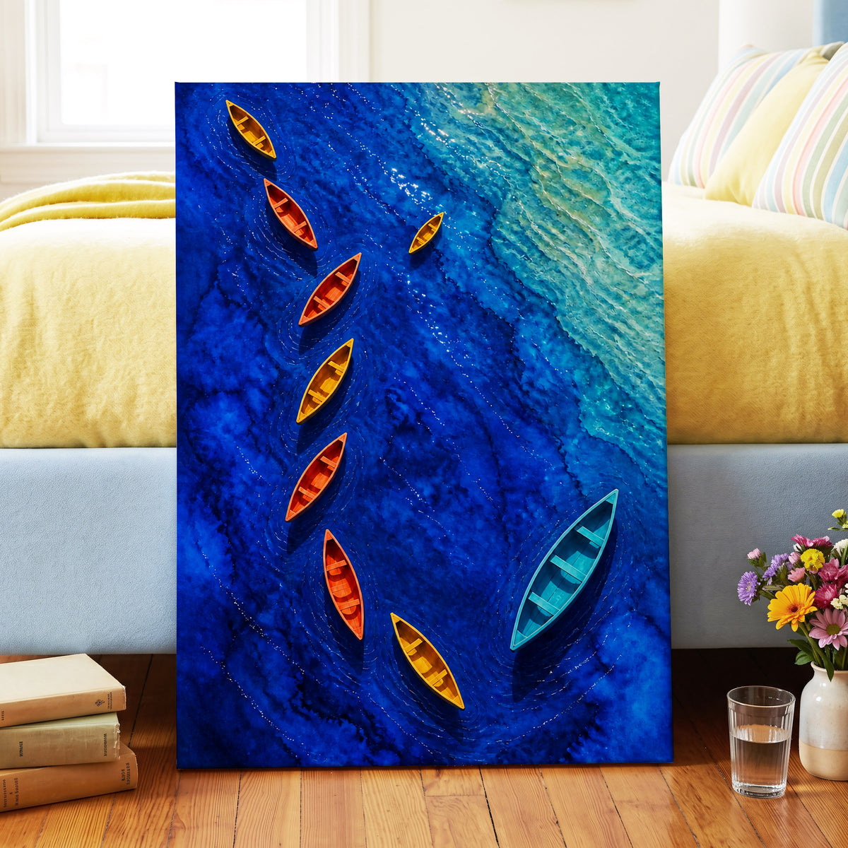 Cobalt Drift, blue, orange, yellow nature wall art displayed in a styled interior, gallery view 7